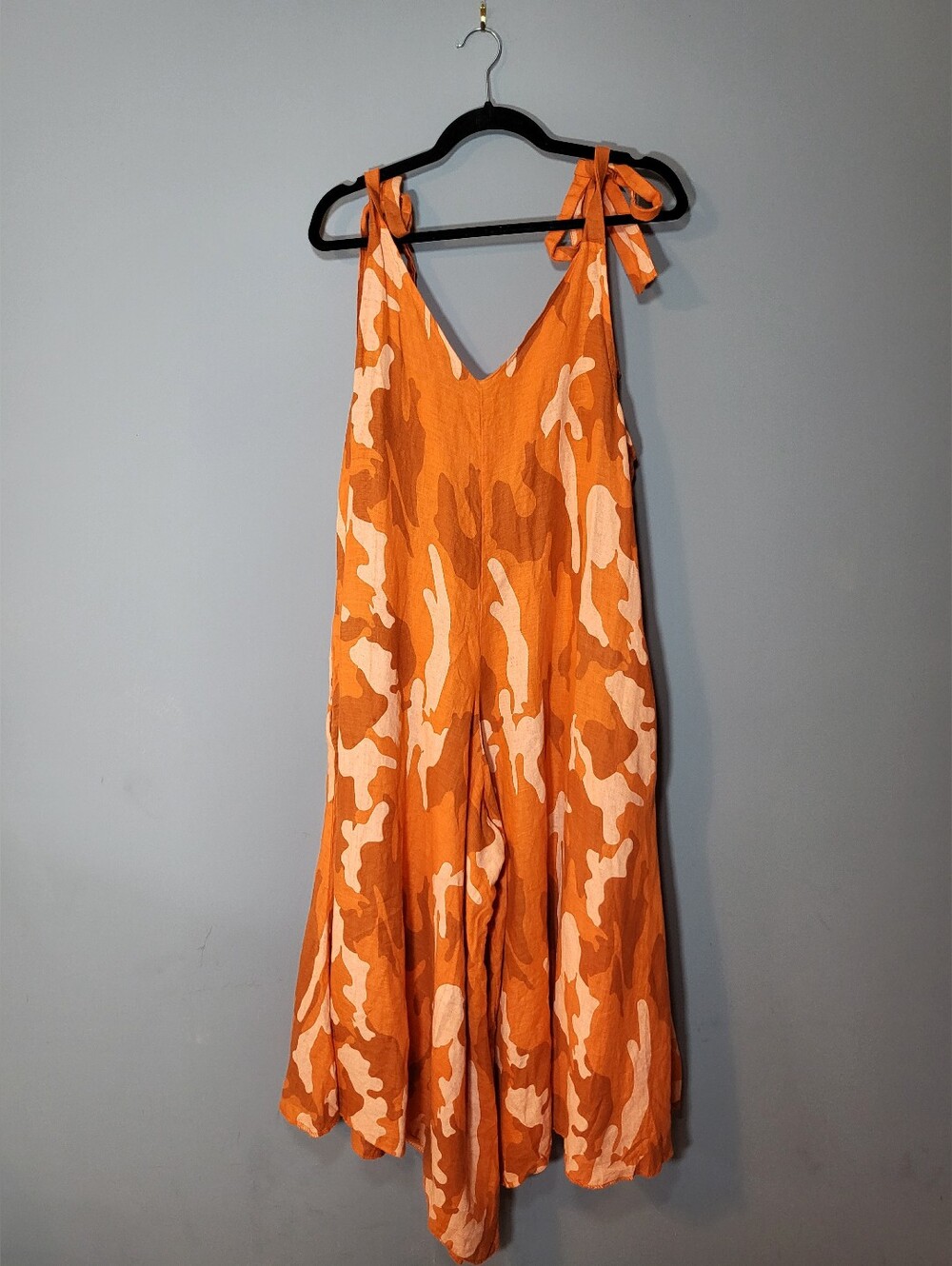 Italian Linen M/L Orange Tie-Strap Midi Wide Leg Jumpsuit Flowy Oversized